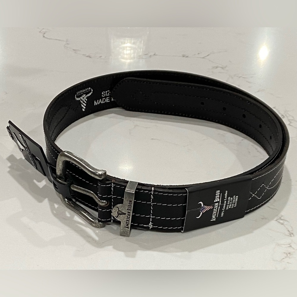 American‎ Bison Black 100% Genuine Leather Stitched Western Belt Men’s Sz 40 NWT